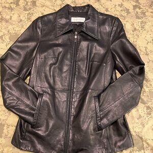 Black Leather Jacket Jones New York Zip Up Classic Clean Minimalist